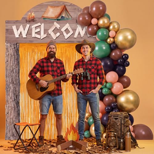 Peryiter 115 pcs Camping Party Decorations Set Wood Grain Welcome Backdrop Banner Foil Fringe Curtain Balloon Arch Kit Outdoor Camping Themed Supplies for Birthday Campfire Party - style: Camping
