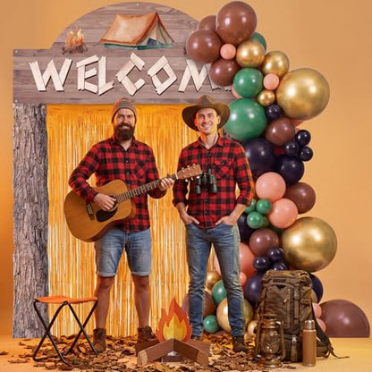 Peryiter 115 pcs Camping Party Decorations Set Wood Grain Welcome Backdrop Banner Foil Fringe Curtain Balloon Arch Kit Outdoor Camping Themed Supplies for Birthday Campfire Party - style: Camping