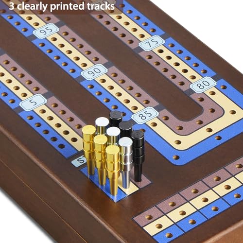 ELONGDI Foldable Wooden Cribbage Board Game Set, Portable Travel 3 Track Cribbage Board with Magnetic Closure,9 Metal Pegs,A Deck of Cards - Family Board Games for Kids and Adults
