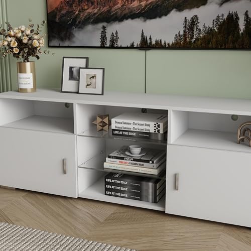 57" Remote RGB Light Media Storage Cabinet, Media Console with Adjustable Glass Shelves, TV Console Stand for Household Game Spaces, White