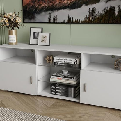 57" Remote Controlled Media Storage Cabinet, Media Console with Layered Racks, TV Console Stand with Glass Panels for Game Room Areas, White