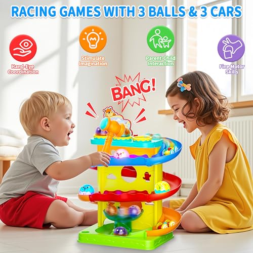 Funwee 2-in-1 Light Up Rolling Ball & Racing Car Ramp Toddler Toy, Race Track Hammer Ball Drop Toys, Interactive Montessori Learning Game for Kids 1-5+ Year Old Girl Boy Gift(Yellow) - color: Yellow