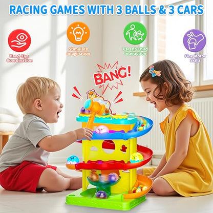 Funwee 2-in-1 Light Up Rolling Ball & Racing Car Ramp Toddler Toy, Race Track Hammer Ball Drop Toys, Interactive Montessori Learning Game for Kids 1-5+ Year Old Girl Boy Gift(Yellow) - color: Yellow