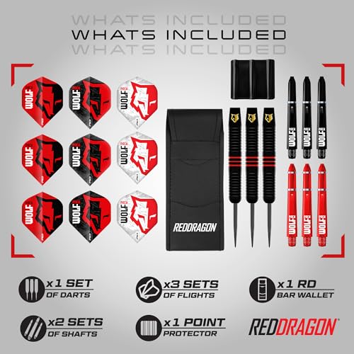 RED DRAGON Wolf Pack Brass Darts Set with Flights, Shafts & Bar Wallet - Available in Soft Tip 18g and Steel Tip 20g & 22g