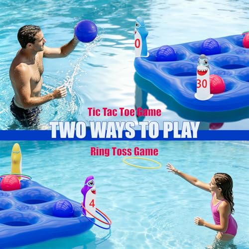 Shark Pool Toys Games Set, 2-in-1 Giant Inflatable Tic Tac Toe Float Game & Ring Toss Game with 10 Balls & 6 Rings, Outdoor Summer Fun Beach Yard Swimming Pool Games for Adults Teens Kids 6+ - style: Shark