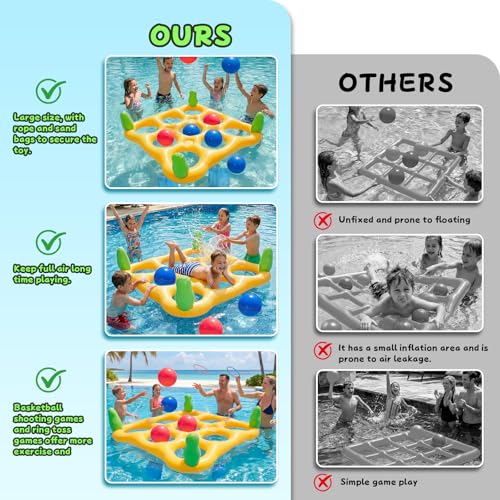 2 in 1 Pool Toys Games Set Inflatable Pool Float with 10 Balls & 8 Rings Tic-Tac-Toe Pool Games, Fun Summer Party Beach Outdoor Yard Game - color: Yellow