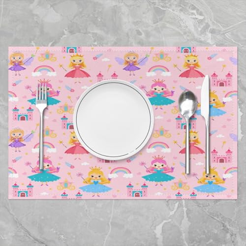 Erosebridal Cartoon Placemats 12X18 Inch Set of 4,Romantic Fantasy Wand Castle Place Mats,Rainbow Clouds Flower Floral Love Heart Waterproof Placemats - color: Pink White Teal Blue