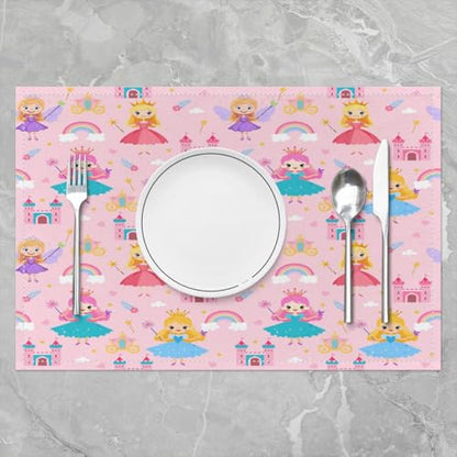 Erosebridal Cartoon Placemats 12X18 Inch Set of 4,Romantic Fantasy Wand Castle Place Mats,Rainbow Clouds Flower Floral Love Heart Waterproof Placemats - color: Pink White Teal Blue