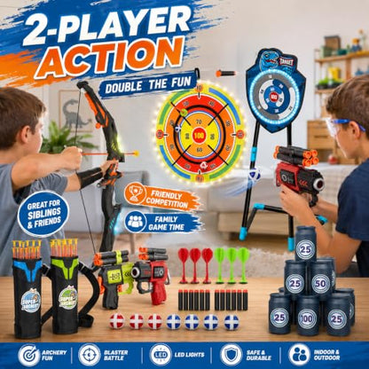 VROGTIK 2 Pack Kids LED Bow and Arrow Set with Standing Target & LED Dart Board, 20 Suction Cup Arrows, 2 Quivers, Foam Dart Toys, Indoor Outdoor Archery Toy Gift for Boys Girls Ages 3-12 - color: Blue/Green/Yellow