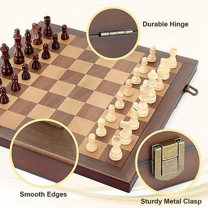 Magnetic Wooden Chess Set for Adults Kids 15'' Chess Board with Handmade Pieces, Folding Portable Travel Unique Chess Sets Game for Tournament Professional Beginner - size: 15 INCHES