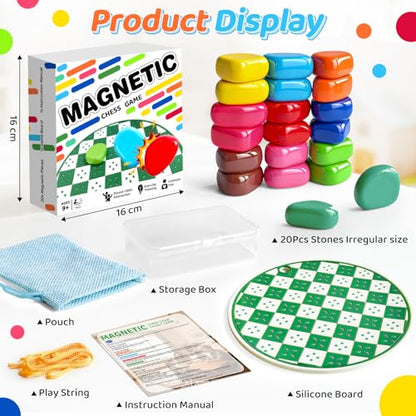 2-in-1 20 Colorful Magnet Game with String and Silicone Mat, Magnetic Stones Game for Kids, Magnetic Chess Set, Puzzle Strategy Games for Family and Party, 2 Player Magnetic Chess Game