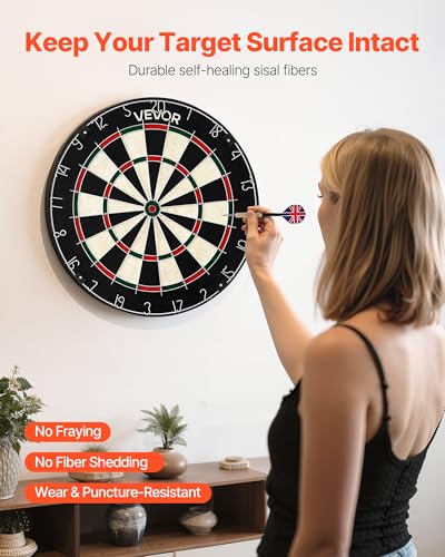 VEVOR Dartboard with 6 Darts & Scoring Kit, Self-Healing Sisal Fibers Dartboard with Staple-Free Bullseye & Rotating Number Ring, 17.7" Professional Steel Tip Dart Board Set for Home Party Game Rooms