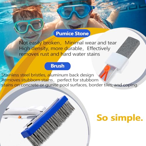 Pool Pumice Stone and 5 inch Stainless Steel Pool Brush Set with EZ-Clip Handle to Reomve Erase Rust Stain Spot in Concrete Plaster Pool Spa and Calcium Deposit on Pool Tile