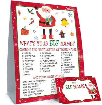 What's Your ELF Name Game, 1 Sign & 30 Stickers, Christmas Party Activity for Family, Kids & Adults - style: Christmas 002