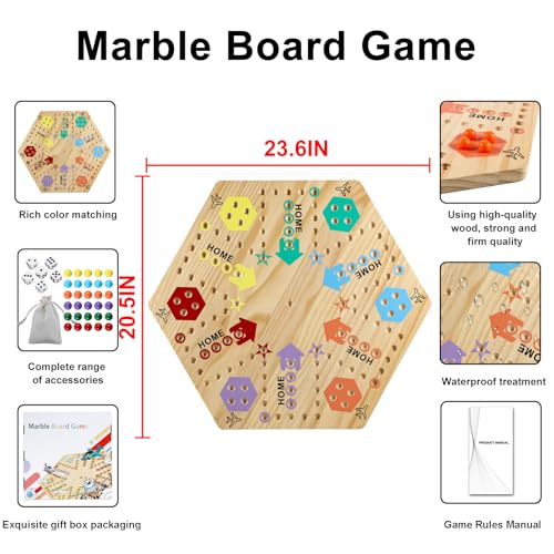 Extra Large 23.6 Inches Wahoo Marble Board Game 4 and 6 Players 2 Sided Painted Thicken Wood Board Perfect Game for Family Friends Party - color: Log, style: 23.6 Inch