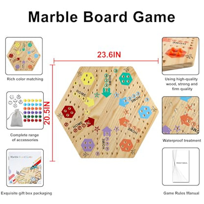 Extra Large 23.6 Inches Wahoo Marble Board Game 4 and 6 Players 2 Sided Painted Thicken Wood Board Perfect Game for Family Friends Party - color: Log, style: 23.6 Inch
