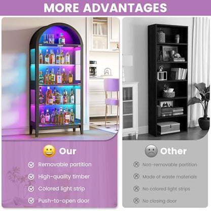 Gurexl 5-Tier Arched Glass Display Cabinet, Motion Sensor RGB LED Showcase with Music Sync Light & Adjustable Shelves, Tempered Glass Curio Cabinet for Action Figures Trophies Collectibles, Black - color: Black-80008a