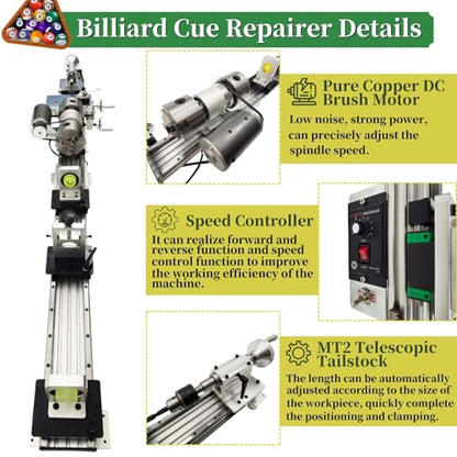Professional Pool Cue Lathe Machine Billiard Cue Repair Machine Multi-Functional Cue Tip Repair Kit for Pool Stick Double Track Chuck 450W 110V