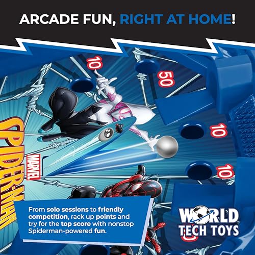 World Tech Toys Marvel Spider-Man Tabletop Pinball Game – Kids Mini Arcade Toy with Launcher & Metal Ball - Marvel Licensed - Spiderman Gift for Ages 3+