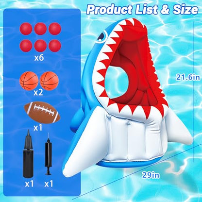 Hymaz Shark Pool Toy, 3-in-1 Inflatable Pool Floats Basketball & Football & Head Hoop Toss Game, Floating Swimming Water Toys for Kids Boys Girls Family Outdoor Yard Beach Summer Party Favors Gift - style: Shark 3 in 1 Games