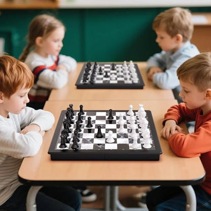 2-in-1 Chess Set and Magnetic Checkers Set - Foldable 13-inch Travel Board Game, Durable Plastic, Puzzle and Strategy Toys for Kids and Adults - color: Black and White
