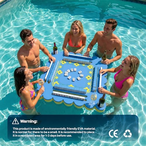 Floating Mahjong Table for Pool, Double Side Float Board with Playing Cards for Mahjong Poker Scrabble Dominoes Card Games Pool Mahjong Floating Tray Adult for Hot Tub Lake Summer Beach - color: Blue-yellow
