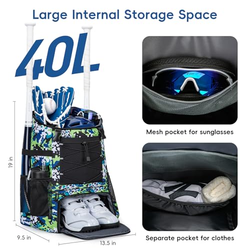 KAVIGOR Baseball Bag for Youth and Adult, Softball Backpack 40L Large Capacity, Bat Backpack with Shoes Compartment and Hidden Helmet Holder - color: Green Camo