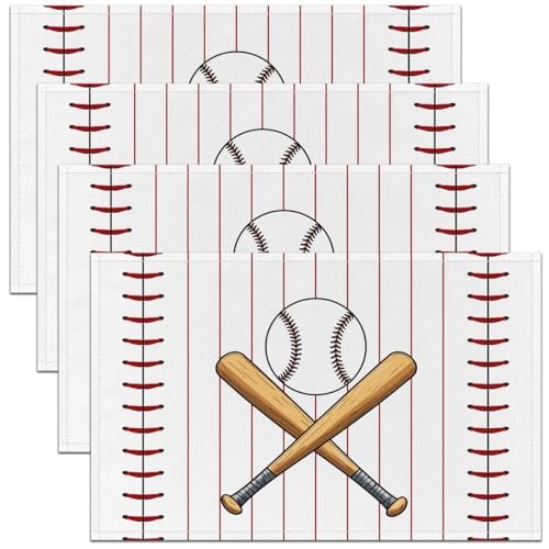 Baseball Bat Kids Placemats Set of 4,Ball Sport Game Competition Table Place Mats,Geometric Stripe Line Patchwork Kitchen Decor,Red White Placemat Kitchen Table Decoration 12"x18" - color: Red White
