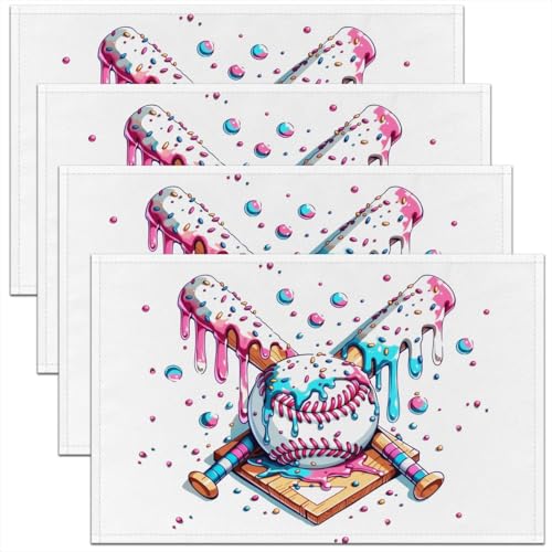 Ice Cream Drip Baseball Kids Placemats Set of 4,Baseball Bat Dessert Macaron Table Place Mats,Ball Sport Games Competition Kitchen Decor,Pink Blue Placemat Kitchen Table Decoration 12"x18" - color: Pink Blue