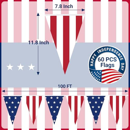 100FT 4th of July Decorations, 60Pcs 7.8 x 11.8 Inches Pennant American Flags for Outside, Pre-Assemble Patriotic 4th of July Banner for Fourth of July Accessories Independence Day Patriotic Decor - style: Fourth of July