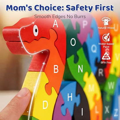 LovesTown Wooden Puzzles for Kids, Double Sided Snake Jigsaw with Alphabet & Numbers, Montessori Educational Toy for Toddlers, Chunky Animal Gift - size: Medium, style: Snake