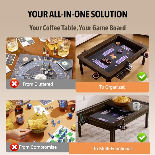 Solid Wood Board Game Coffee Table with Removable Top, 3-in-1 Gaming and Dining Table Includes Play Mat & Detachable Cup Holders, 48" L x 33" W - color: Black Walnut01