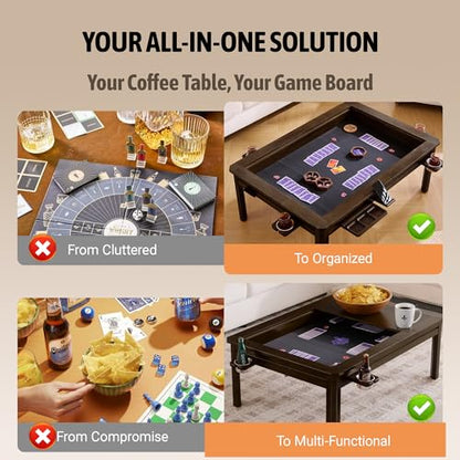 Solid Wood Board Game Coffee Table with Removable Top, 3-in-1 Gaming and Dining Table Includes Play Mat & Detachable Cup Holders, 48" L x 33" W - color: Black Walnut01