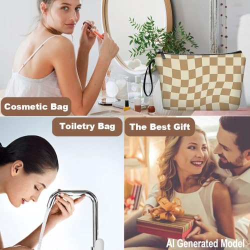 Light Brown Checkered Gifts for Women Unique Brown Plaid Travel Makeup Bag Set with Mirror, Cosmetic Pouch Set for Checkered Lovers & Mom - color: Checkered Light Brown-2S