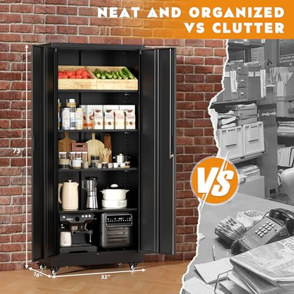 Greenvelly 73" Metal Storage Cabinet with Wheels, Lockable Rolling Metal Garage Cabinets with 2 Doors and 4 Adjustable Shelves, Rolling Tool Cabinet for Garage, Home Office, School - color: Black, style: 73"H-Wheels