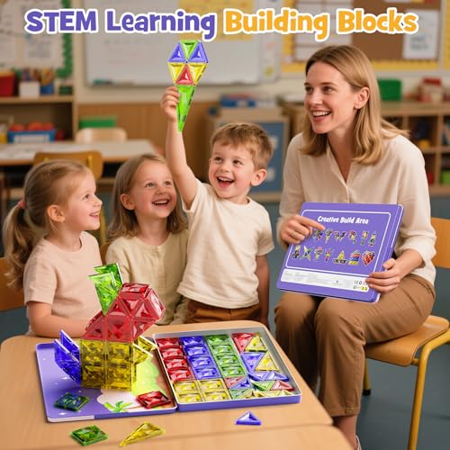 WMXDU 60pcs Large Diamond Magnetic Tile, Magnetic Building Blocks Magnet Toy with Iron Box, STEM Educational Montessori Indoor Building Kit for Preschool Boys Girls Age 3+ Classroom Must Haves - style: 60pcs-Large