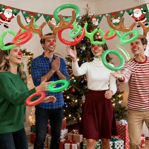 Christmas Reindeer Antler Ring Toss,Christmas Party Games for Kids Family 2 Set 10 PCS Inflatable Antler Hat Rings Christmas Party Favor Decorations Gifts Grandkids Stocking Stuffers Carnival Holiday