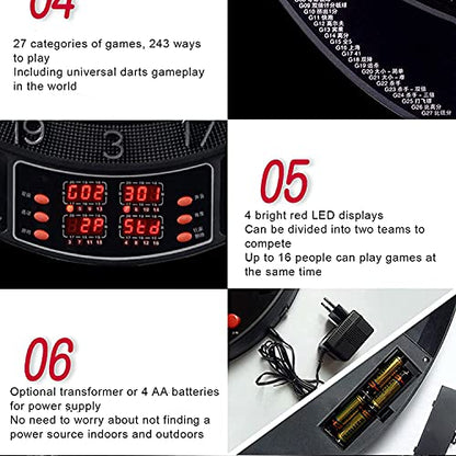 Electronic Dart Board, Electronic Dart Board, Electronic Dartboard, Soft Tip Dartboard Set LED Display Scoreboard, 6 Darts 24 Tips for 8 Players, Battery Supply