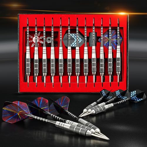 WINSDART Darts Metal Tip Set Professional Metal Darts for Dartboard Steel Tip Darts with Nonslip Iron Barrel Aluminum Dart Shafts,Extra Flights,Dart Sharpener,Gift Box - style: Cool Laser Darts Set