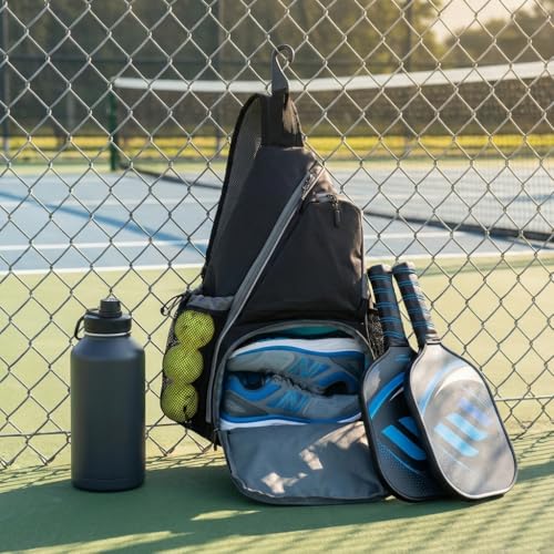 Pickleball Sling Bag with Shoe Compartment - Crossbody Backpack Fits 2 Paddles, 32oz Bottle & Fence Hook, Sports Bag for Men & Women (Shoe Limit: up to US Men's 10 / Women's 11.5) - color: Black/Grey