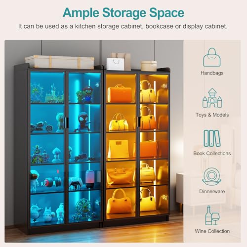 Lvifur 5 Tier Display Cabinet for Living Room, LED Bookcase with Human Body Induction Lights, 65” Tall Curio Cabinets with Adjustable Shelves for Office (Black) - color: Black