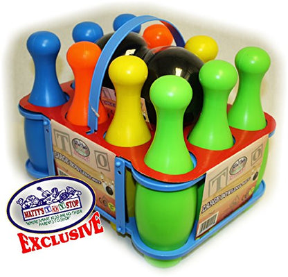 Matty's Toy Stop 10 Pin Multi-Color Deluxe Plastic Bowling Set for Kids with Storage Rack - 12 Pieces Total (10 Pins & 2 Bowling Balls)