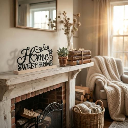 Home Sweet Home Sign Table Decor Black Sweet Home Metal Table Sign with Wooden Base Farmhouse Tabletop Centerpiece Black Tiered Tray Decor for Home Mantel Shelf Desk Housewarming Gift - style: Home Sweet Home
