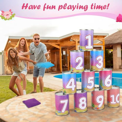 13 Pcs Axolotl Bean Bag Toss Game for Carnival Party, with 10 Tin Cans and 3 Bean Bags, Pink Cartoon Family Party Game for Birthday Festival Indoors Outdoors Activities Supplies