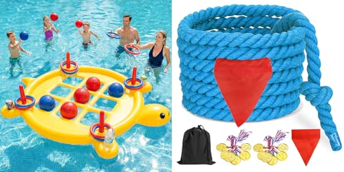 2 in 1 Pool Toys Games Set Inflatable Tic Tac Toe with Cup Holder, Ring Toss, Tug of War Rope for Kids and Adults, Outdoor Field Day Birthday Party Yard Backyard Camping Picnic Easter Games