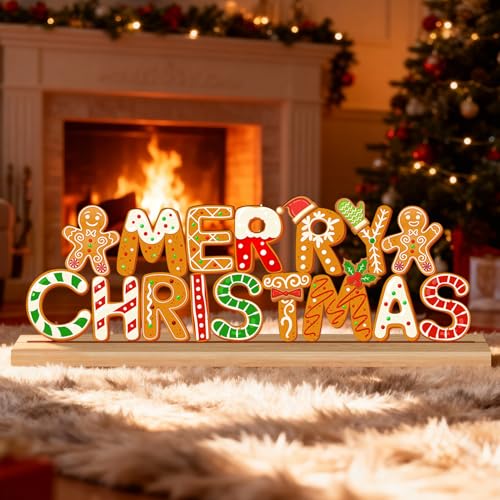 Christmas Decorations Merry Christmas Metal Table Sign, Gingerbread Cookie Letters Holiday Tiered Tray Decor Cute Tabletop Centerpiece for Home Mantel Kitchen Shelf Party Gift - style: Merry Christmas