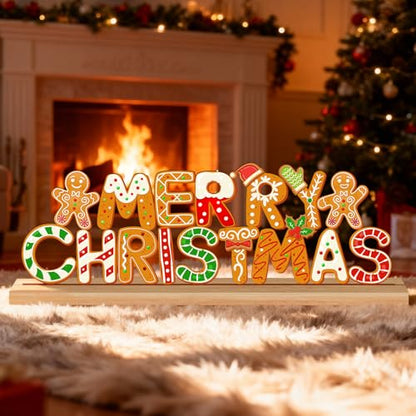 Christmas Decorations Merry Christmas Metal Table Sign, Gingerbread Cookie Letters Holiday Tiered Tray Decor Cute Tabletop Centerpiece for Home Mantel Kitchen Shelf Party Gift - style: Merry Christmas