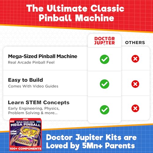 Doctor Jupiter Pinball Machine STEM Kit for Kids Ages 8+ | Birthday Gift Ideas for Boys & Girls | Build Your Own Mega Pinball Arcade Game for 8, 9, 10, 11, 12, 13, 14 Years Olds