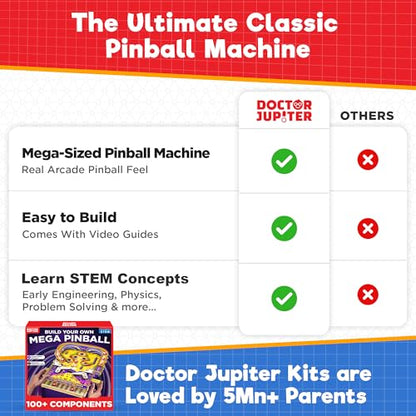 Doctor Jupiter Pinball Machine STEM Kit for Kids Ages 8+ | Birthday Gift Ideas for Boys & Girls | Build Your Own Mega Pinball Arcade Game for 8, 9, 10, 11, 12, 13, 14 Years Olds