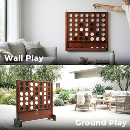 Giant Wooden 4 in A Row Game for Indoor or Outdoor Games | Foldable Tray, 2 Styles of Play: Wall Mounted or Set-up on Ground, Carrying Case, Detachable Legs, Premium Varnished Pine - style: Classic